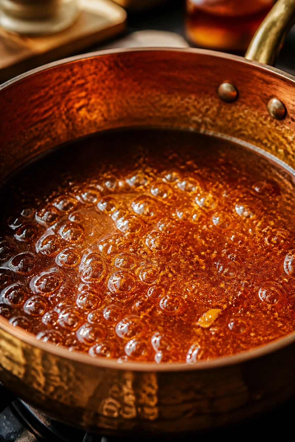 Glossy glaze simmering in a copper pan with spice notes