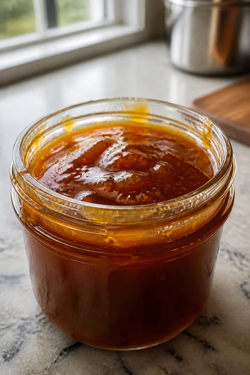 Amber glaze in a glass jar on a kitchen counter