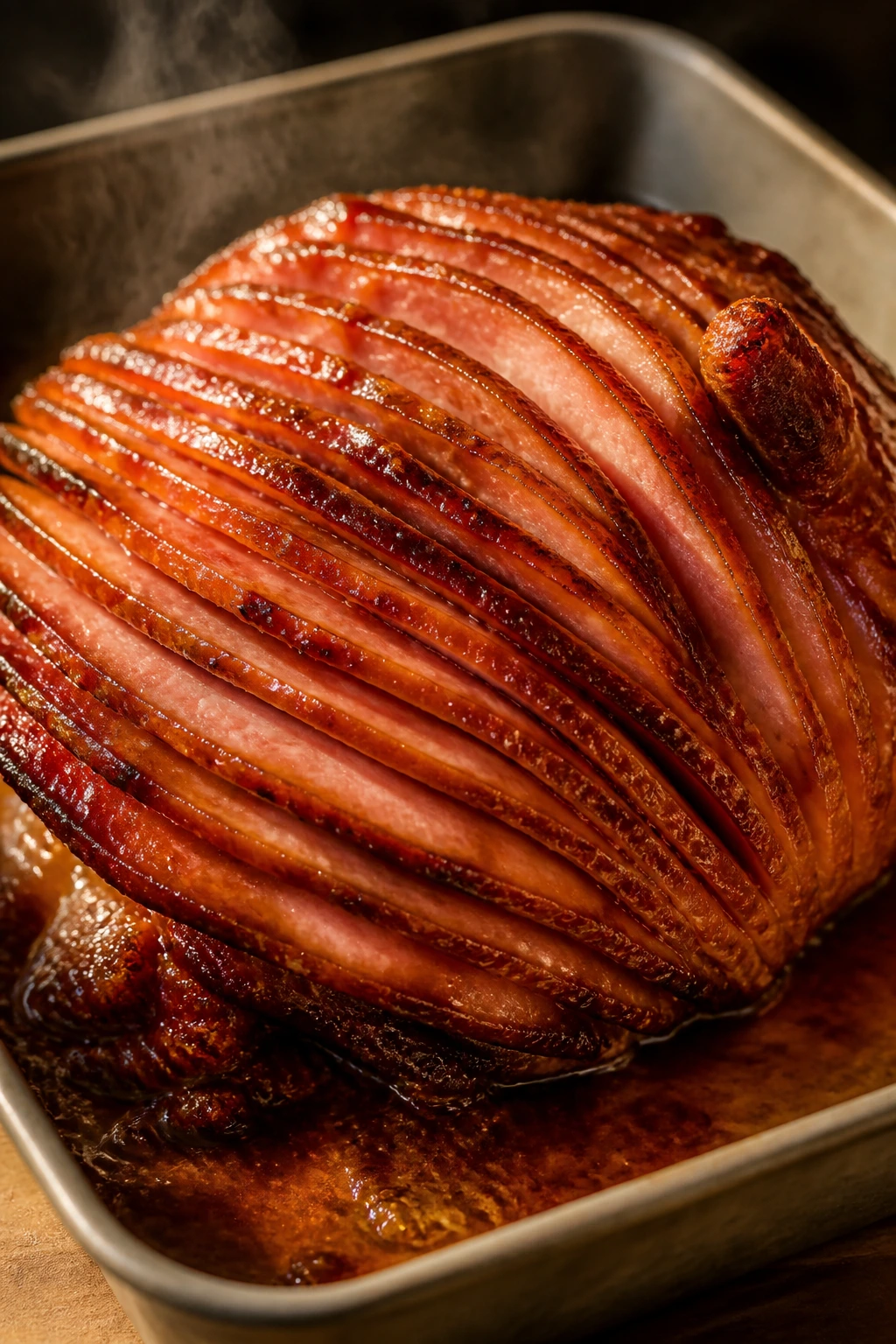 Glazed ham in roasting pan with glossy surface
