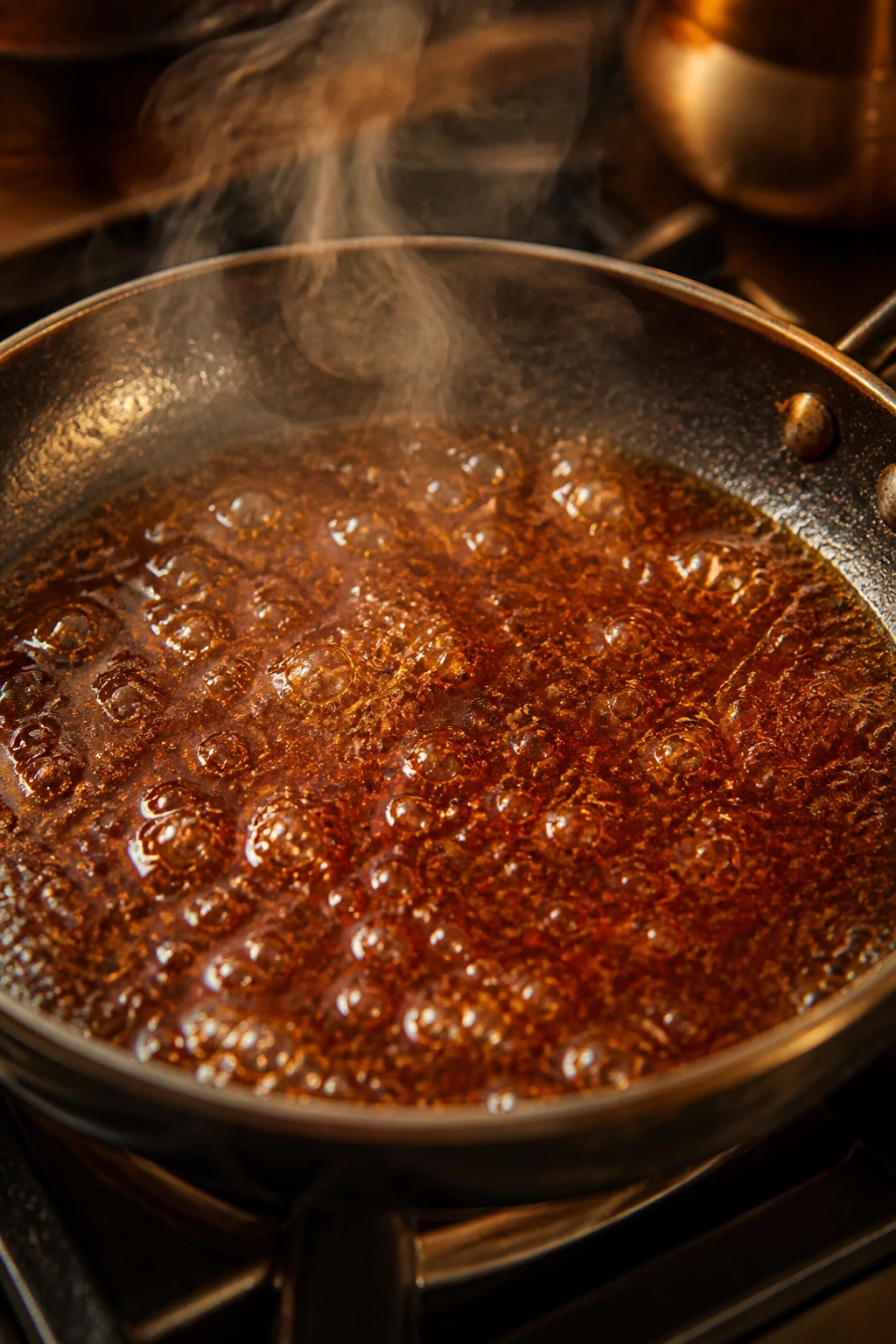 Glossy glaze simmering in a small pan on a stove with steam