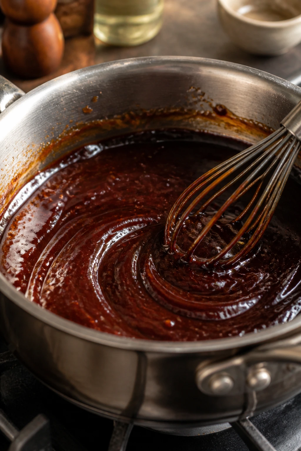 Glossy glaze swirl in pan with whisk