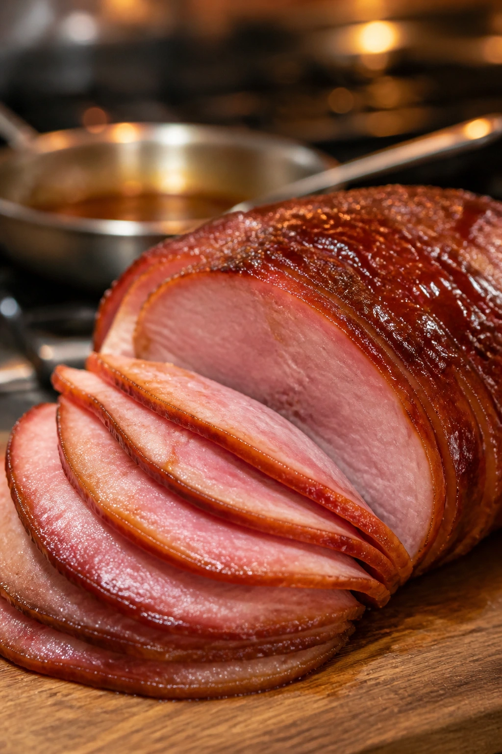 Carved ham with glossy glaze on a serving board and glaze reduction in the background