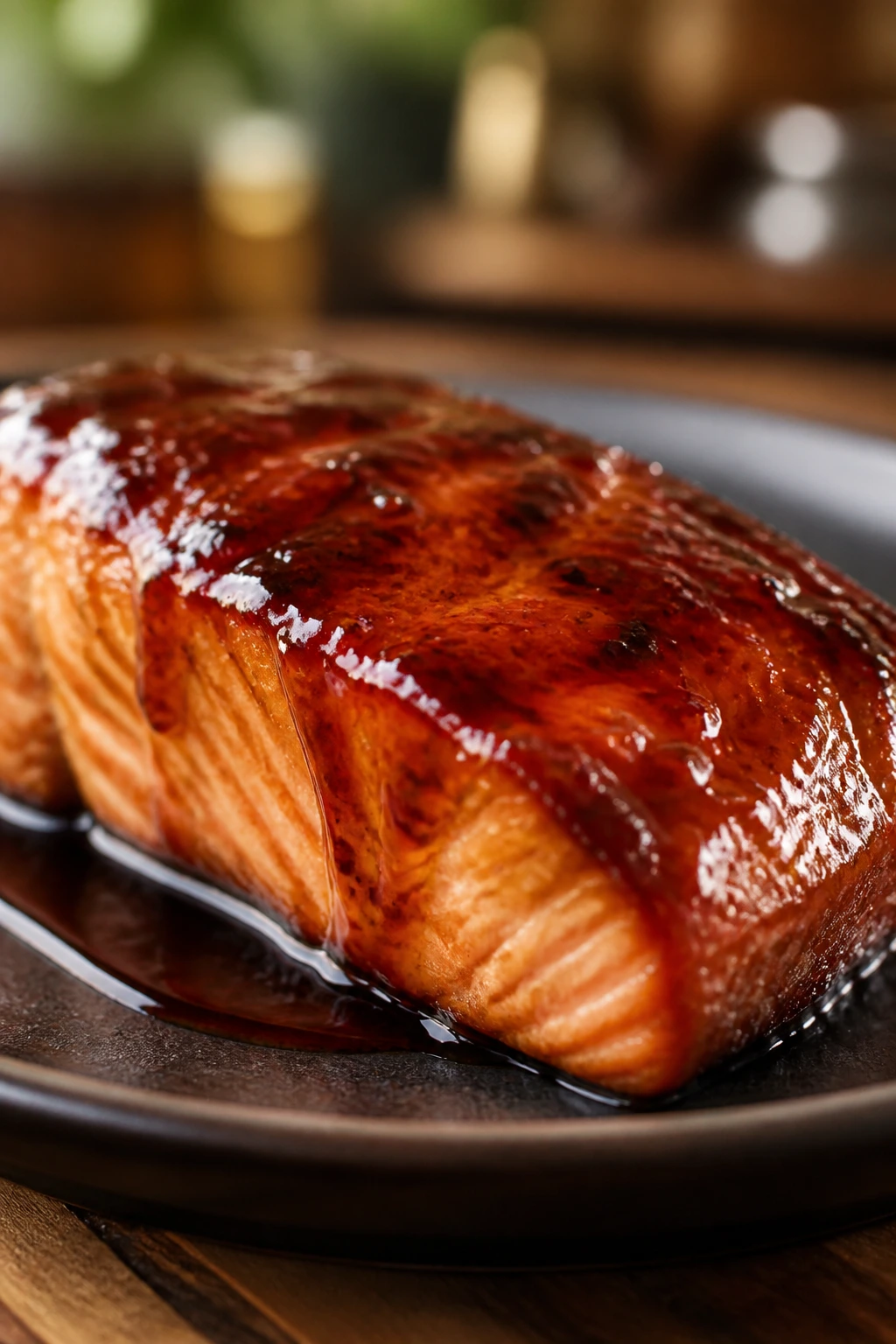 Close-up of glossy glaze on salmon in a pan