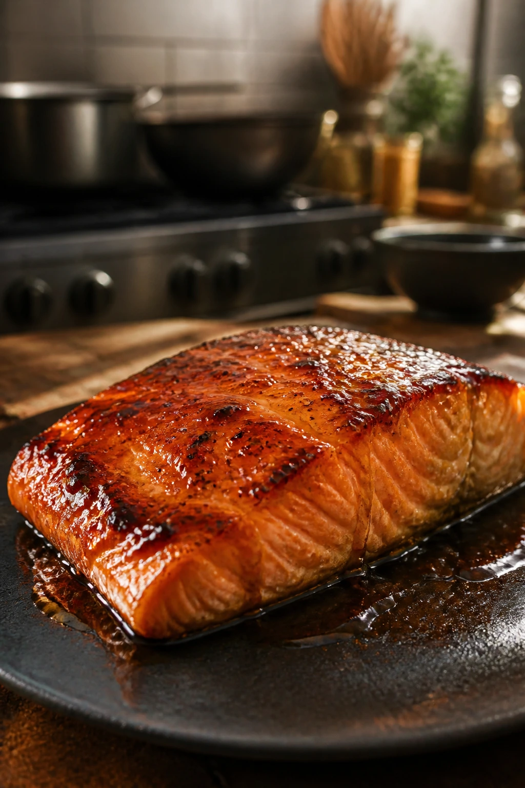 Glossy glaze on grilled salmon with varnished finish