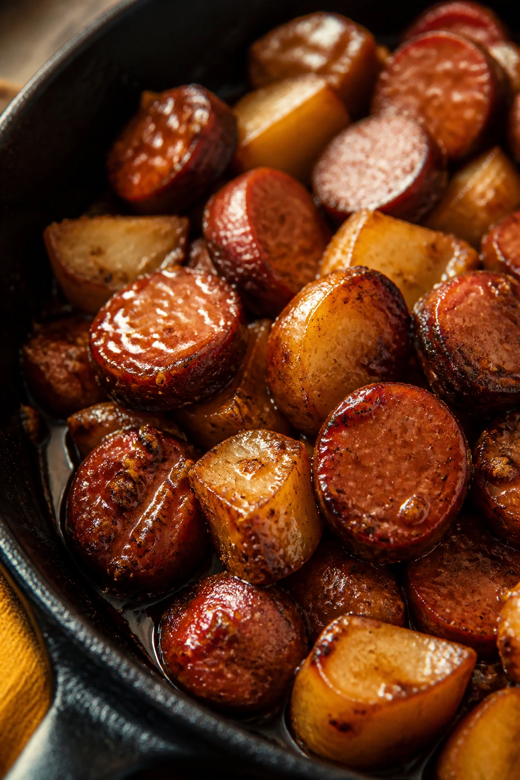 Skillet with glossy brown sugar glaze clinging to sausage and potatoes