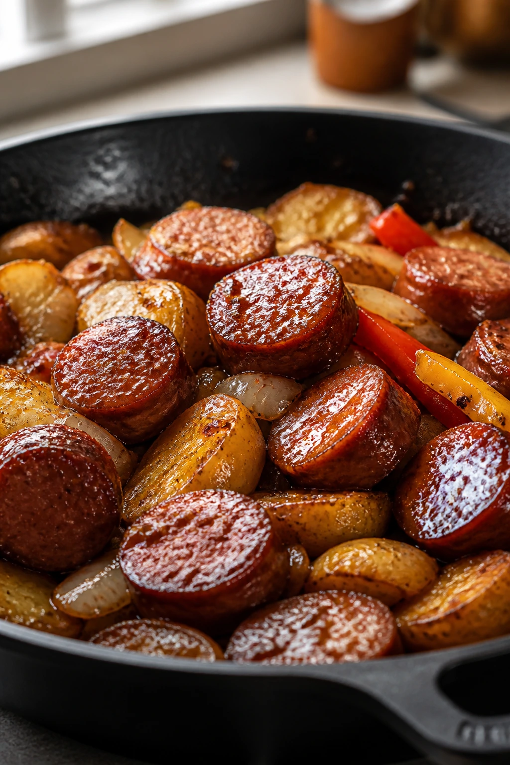 Glossy glaze on browned sausage and potatoes in a skillet with onions and peppers in a warm kitchen