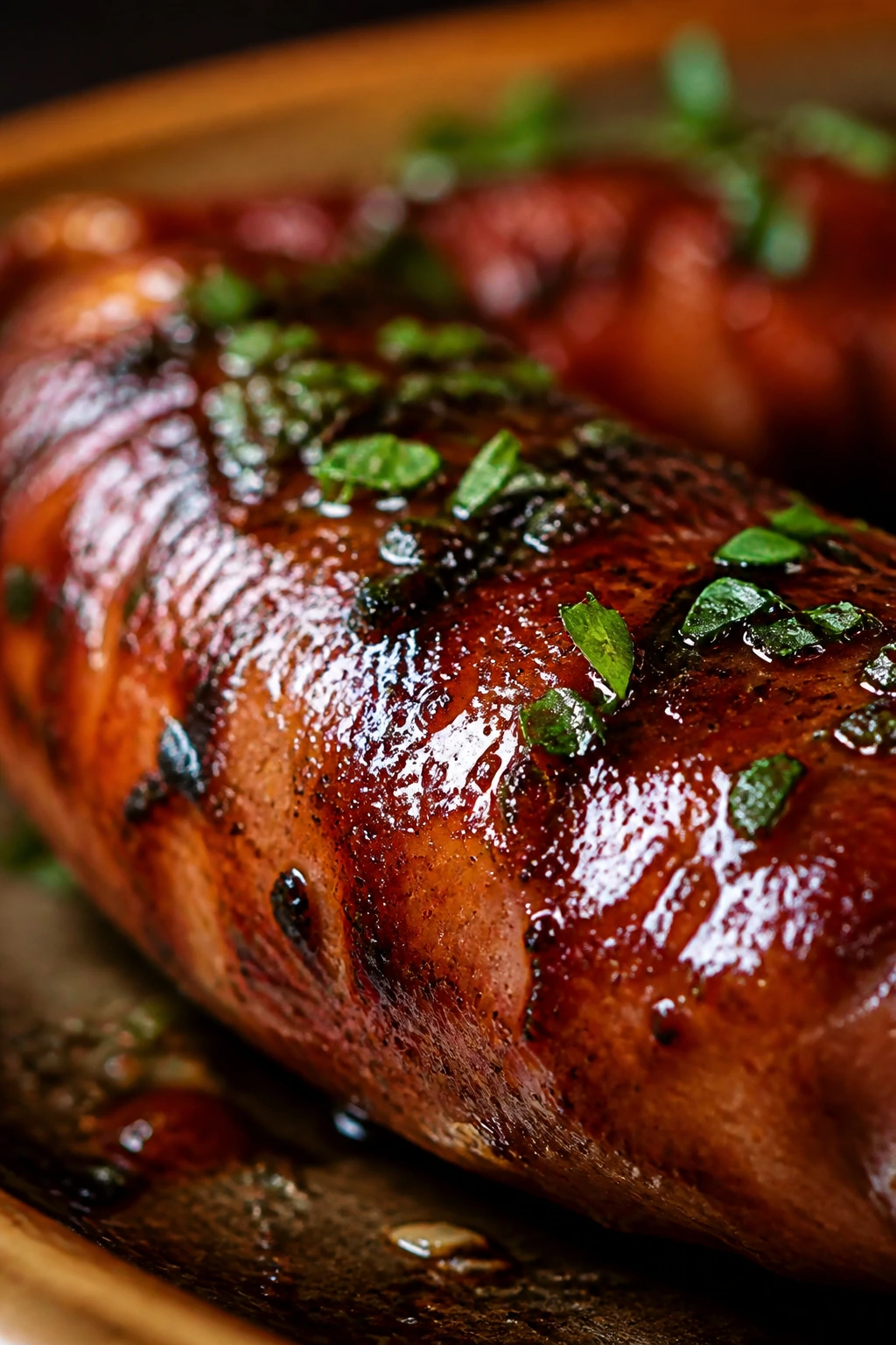 Glossy glaze coating sausage on plate with warm kitchen background