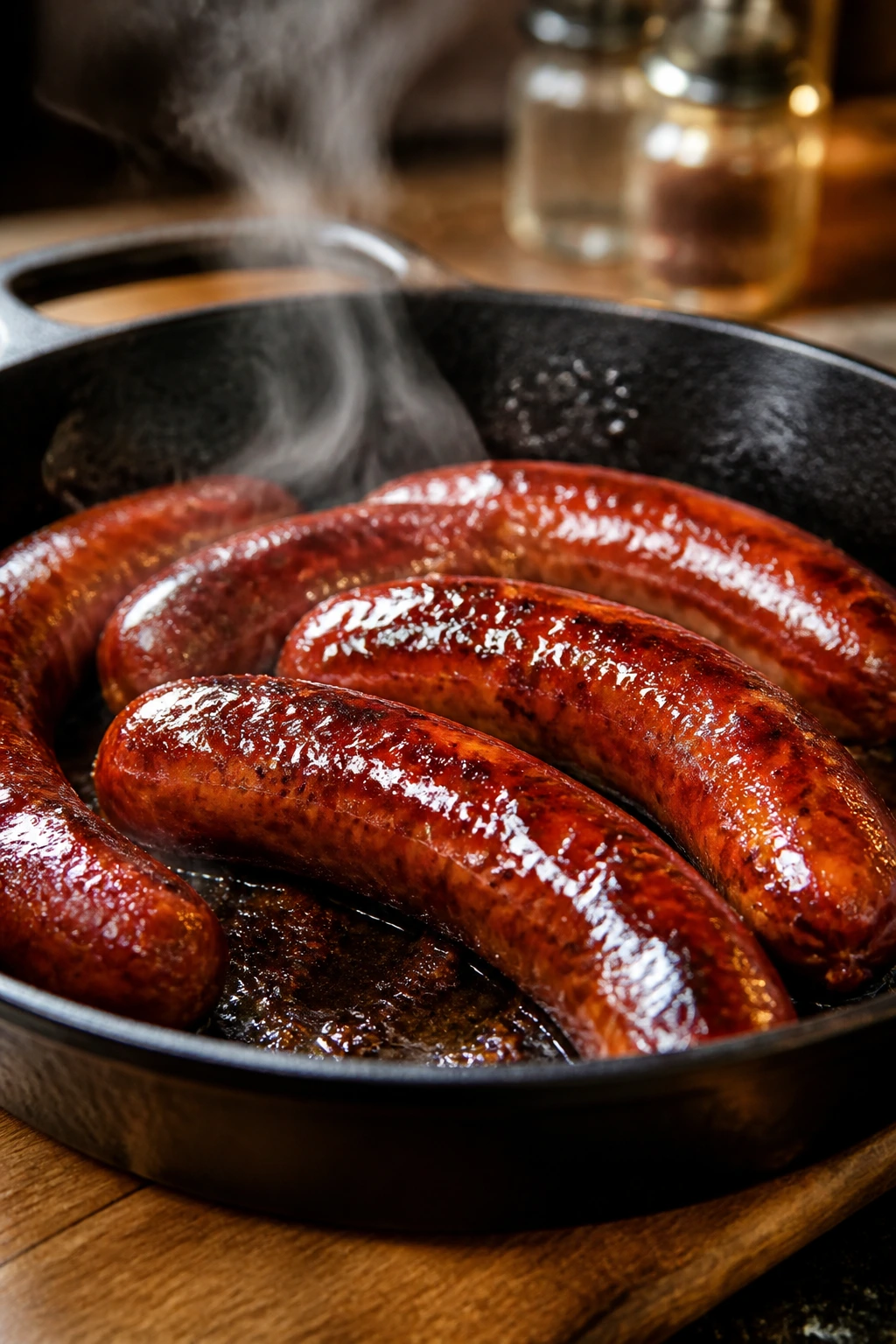 Glossy glaze on browned andouille sausage in a skillet with steam.
