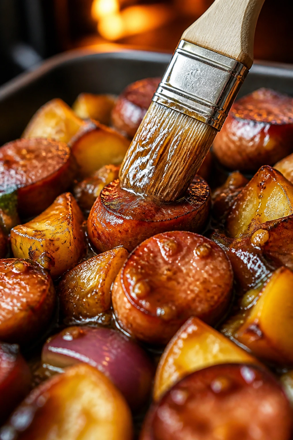 Glossy glaze being brushed onto browned sausage and vegetables on a roasting tray