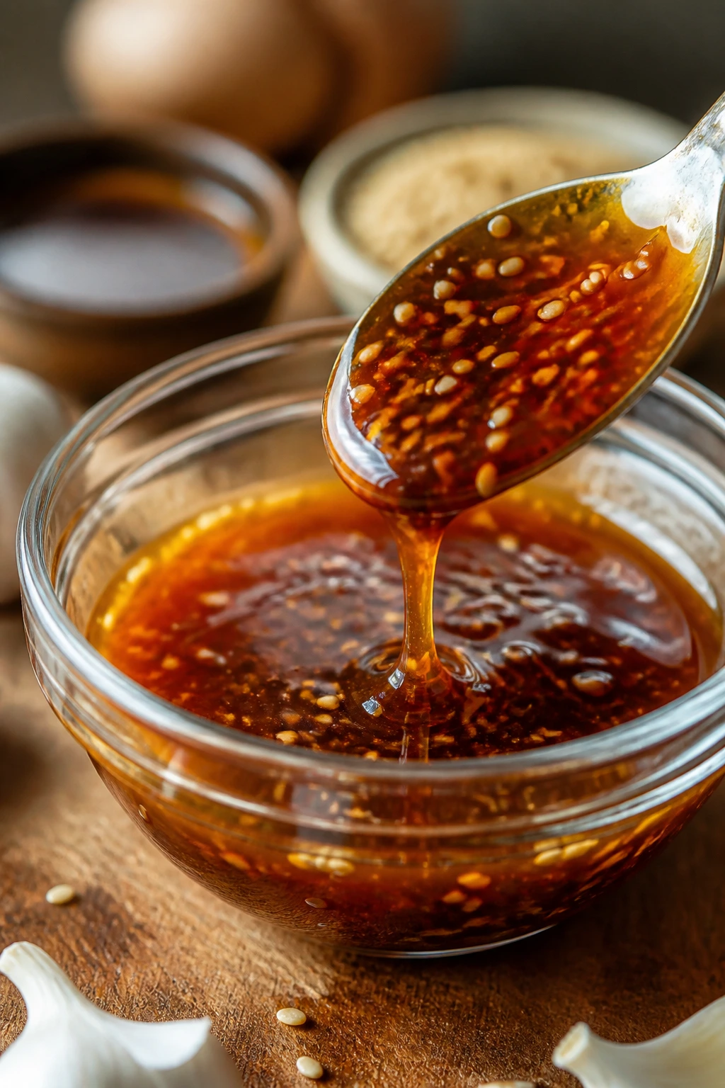 Glossy amber sesame glaze in a small glass bowl