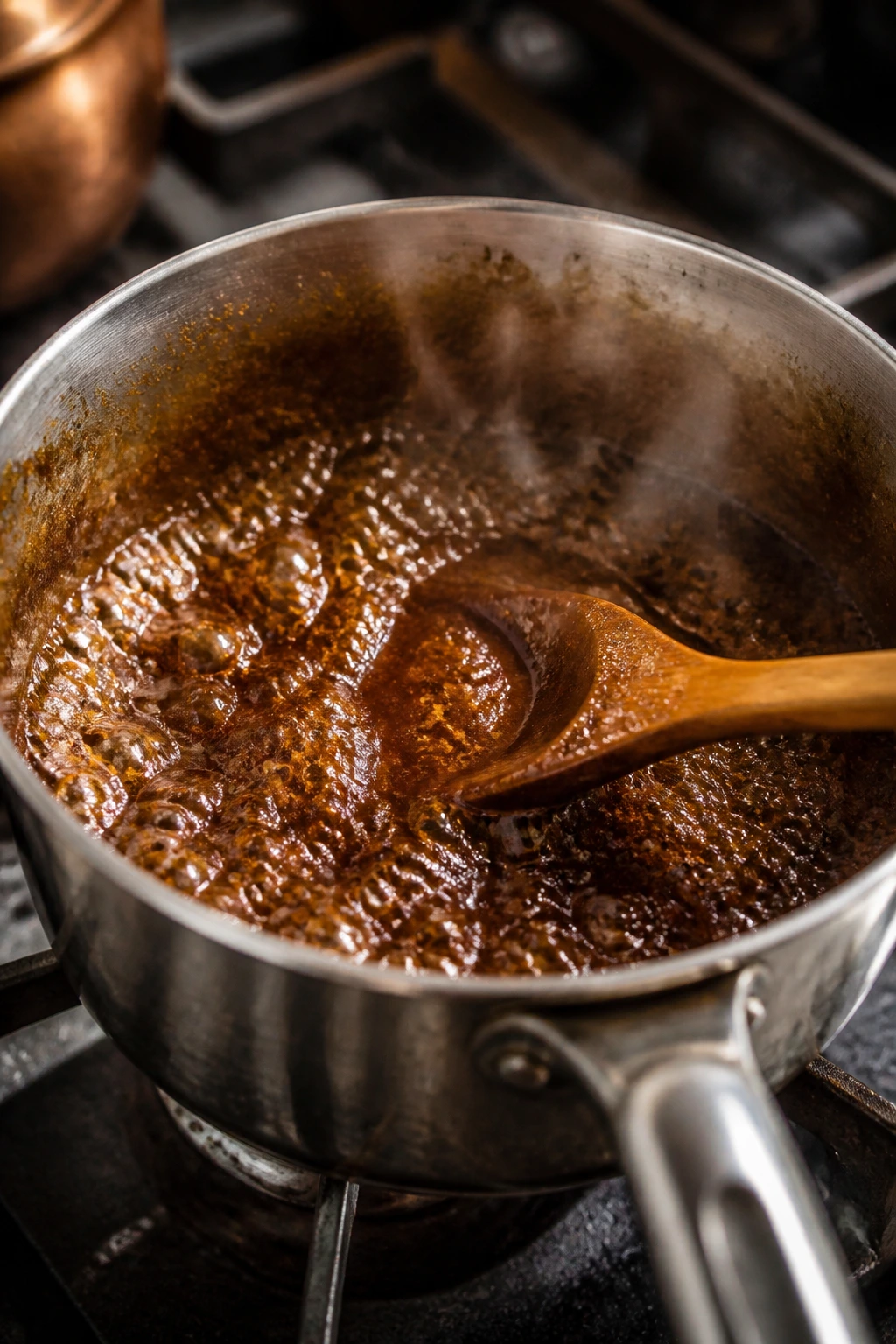 Saucepan simmering with glossy brown sugar bourbon glaze on the stove.