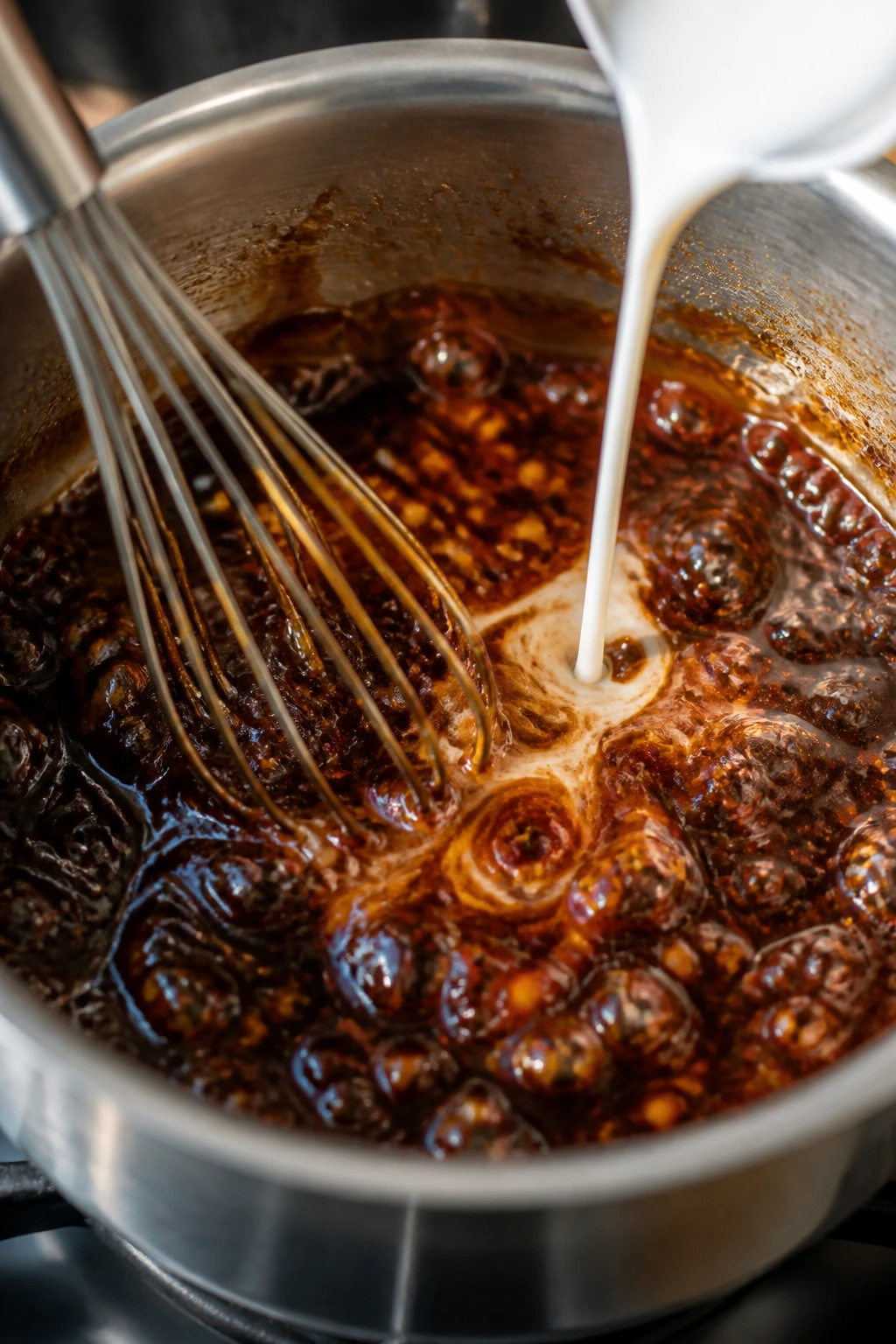 Sauce simmering to a glossy glaze in a small pan