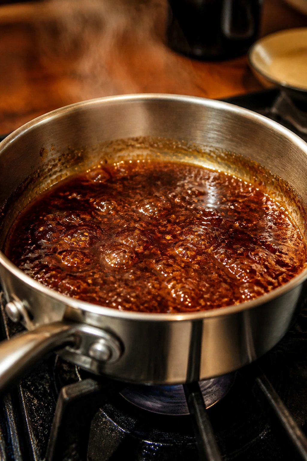 Saucepan with simmering glaze turning glossy on the stove