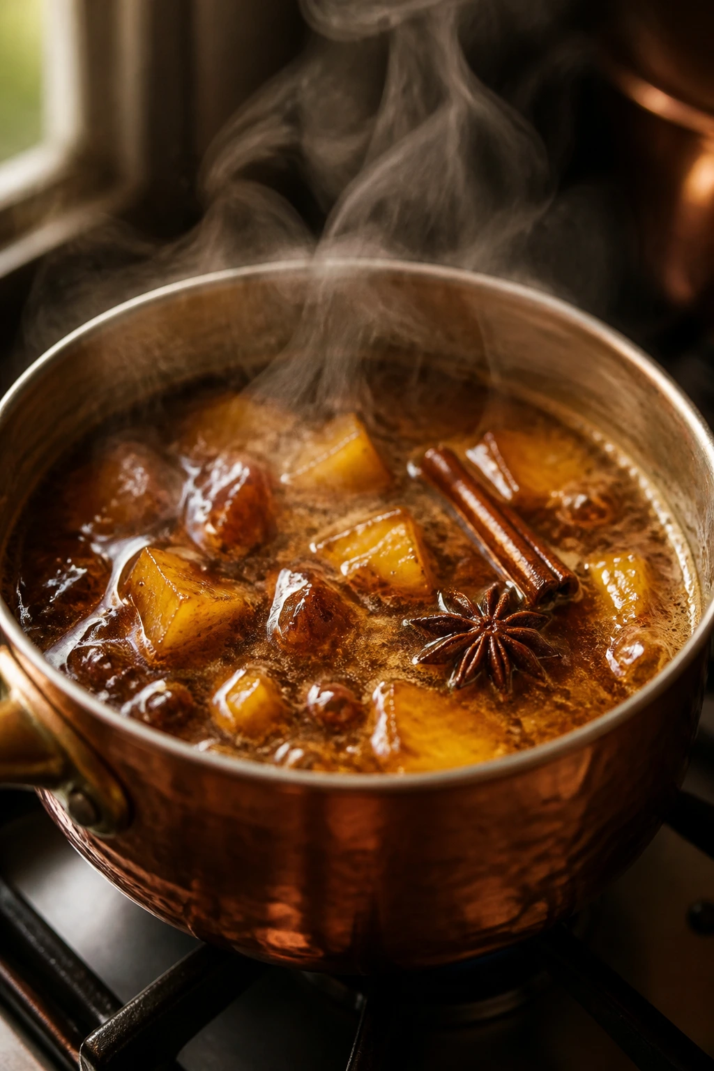 Close-up of glossy glaze simmering in copper pan in warm kitchen