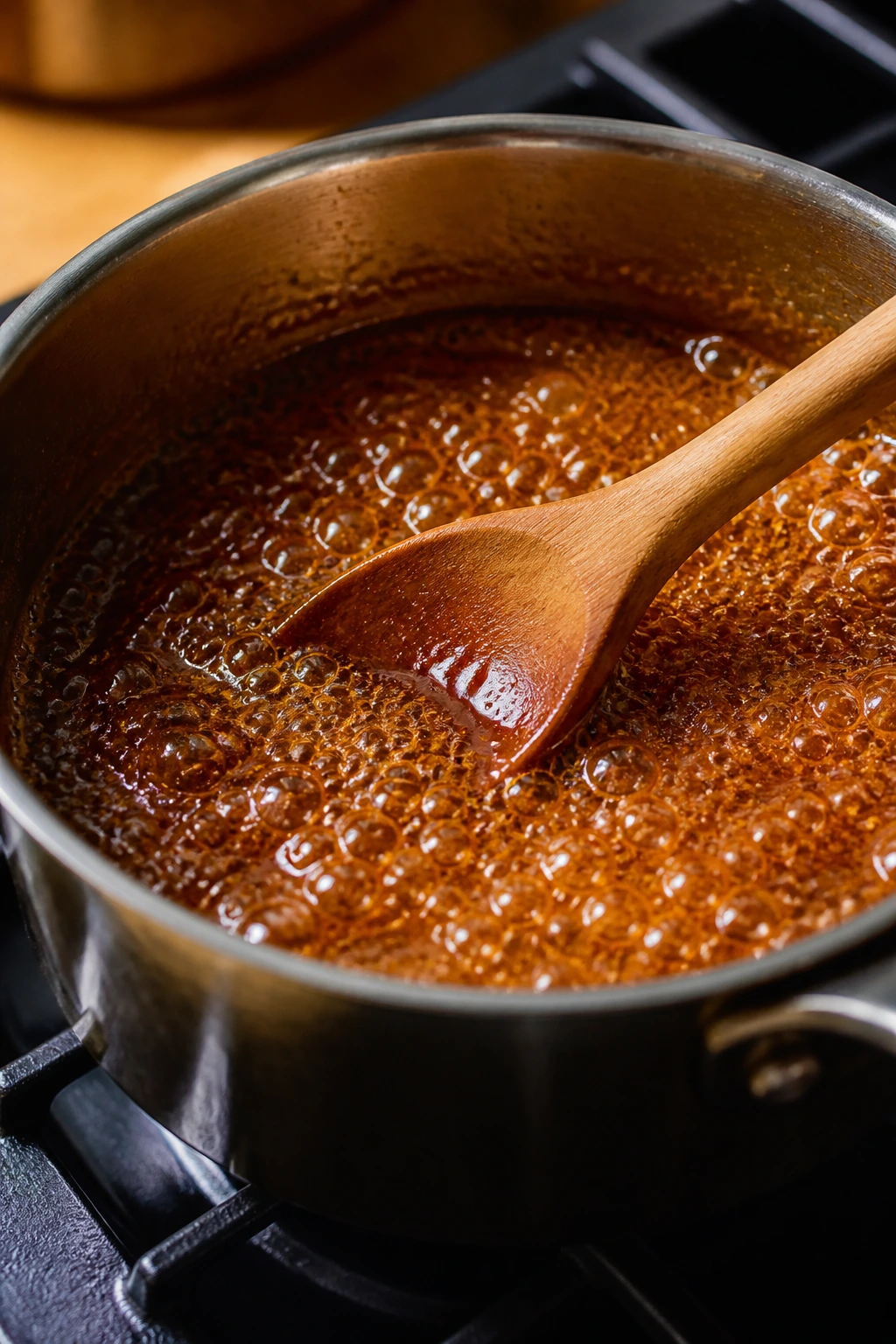 Glaze simmering in a saucepan with wooden spoon