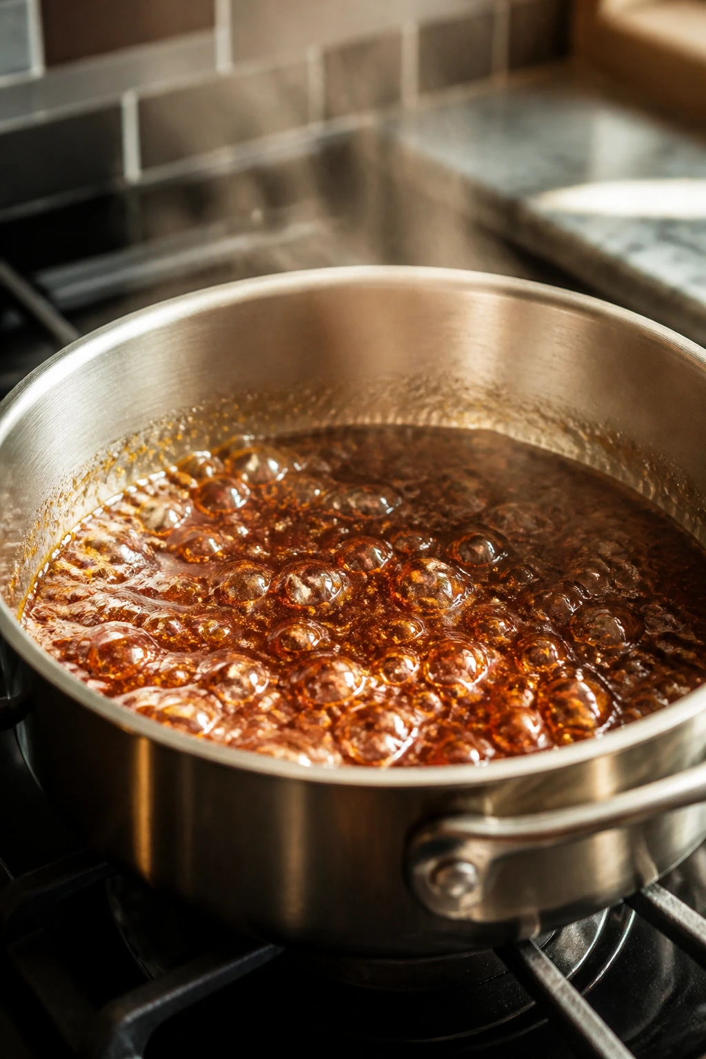 Close-up of glossy Sweet and Sour Teriyaki Glaze simmering in a pan