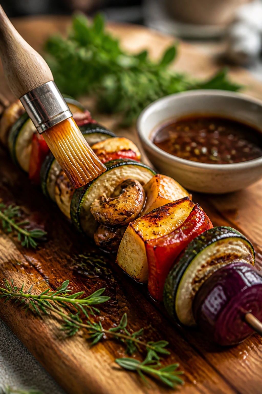 Glaze being brushed onto a skewer for flavor boosters