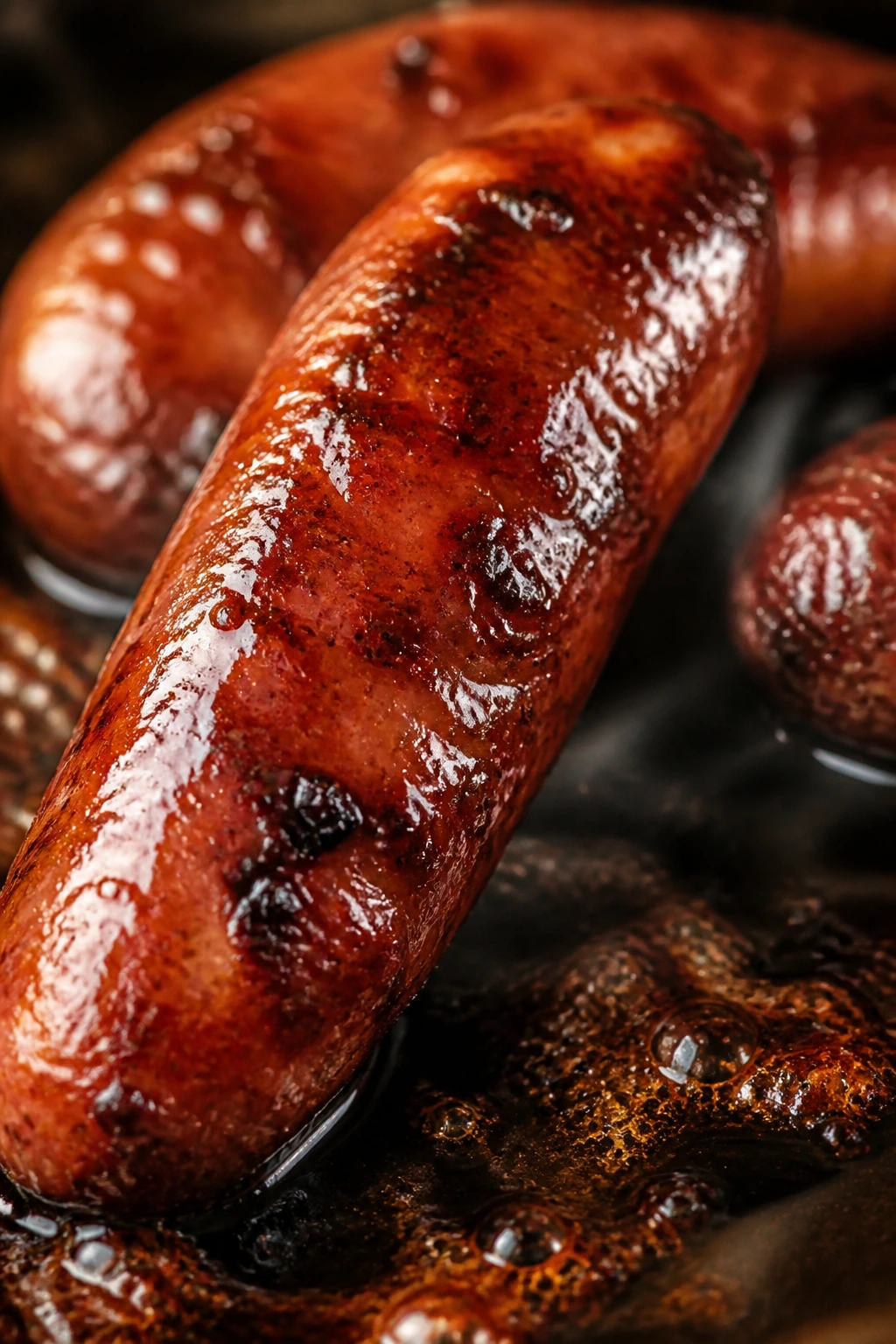 Glossy glaze clinging to sausage in hot skillet