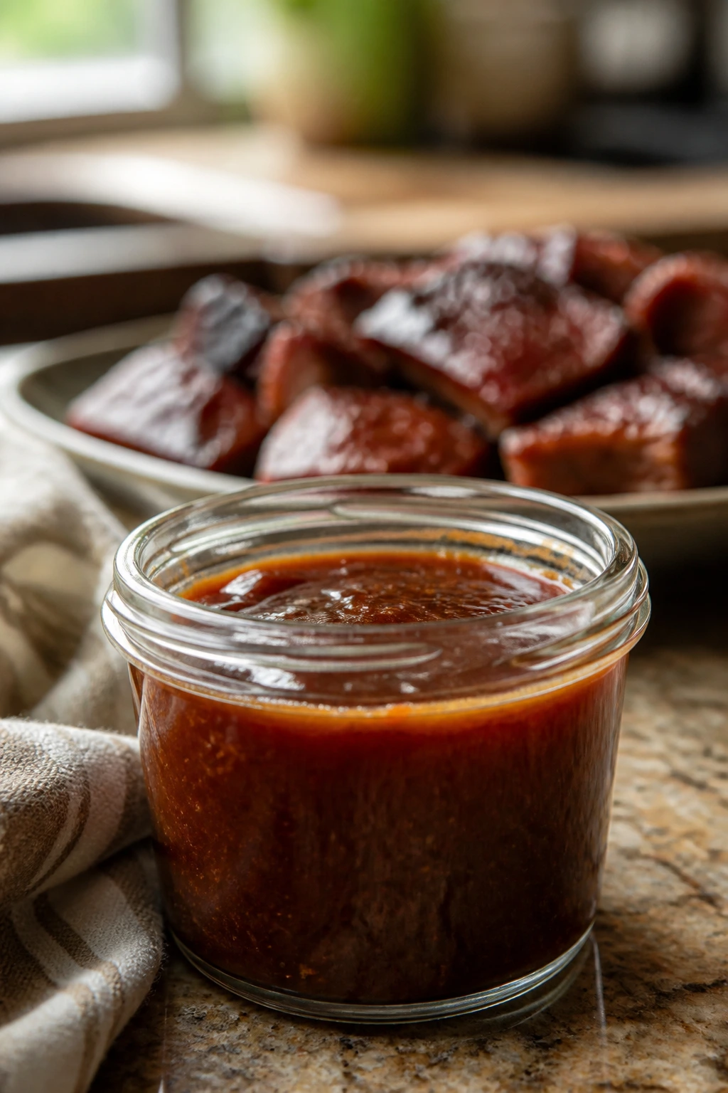 Jar of glaze on counter with blurred glazed pork in background
