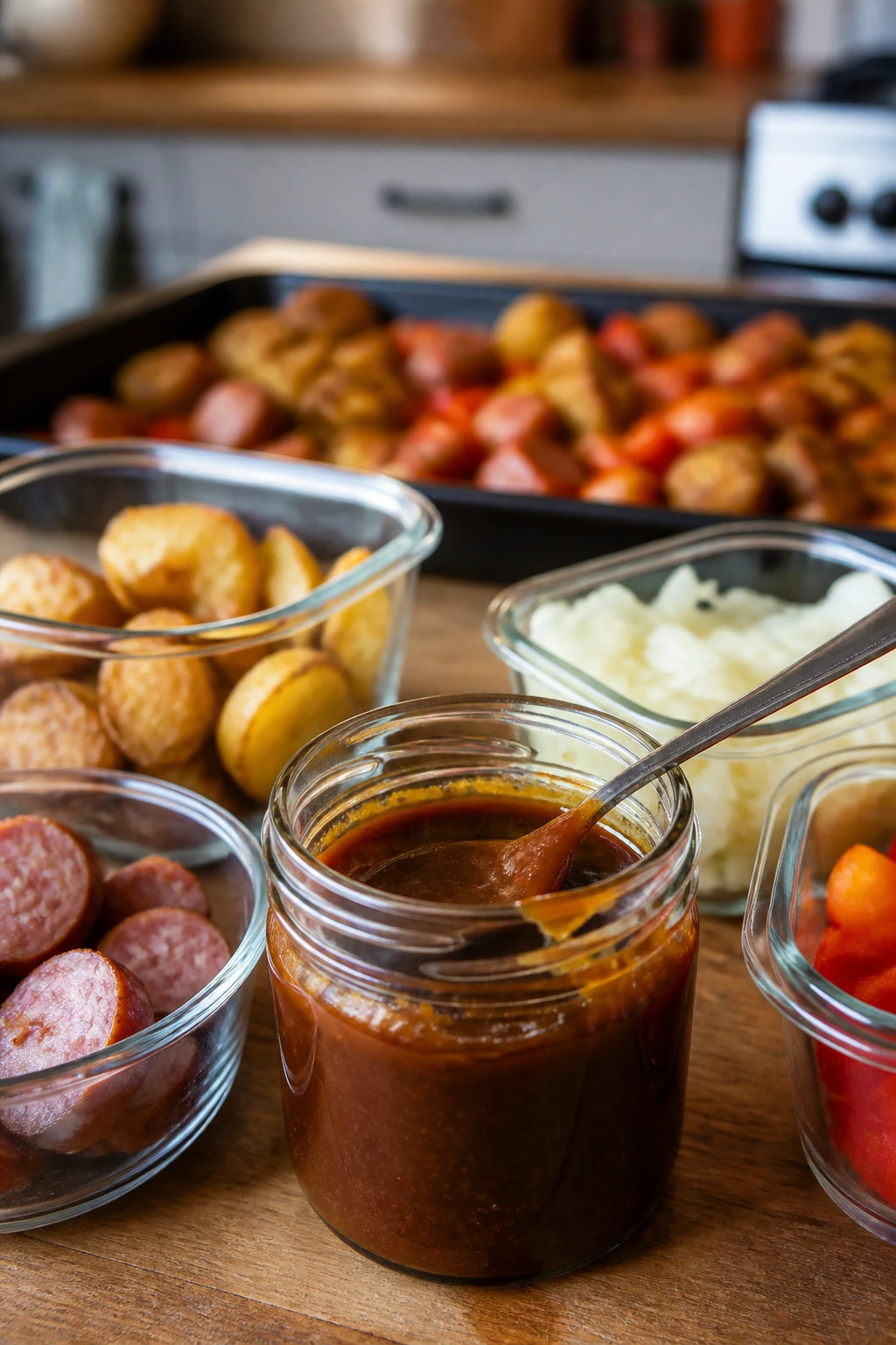 Glaze jar and storage containers on kitchen counter with prepped ingredients
