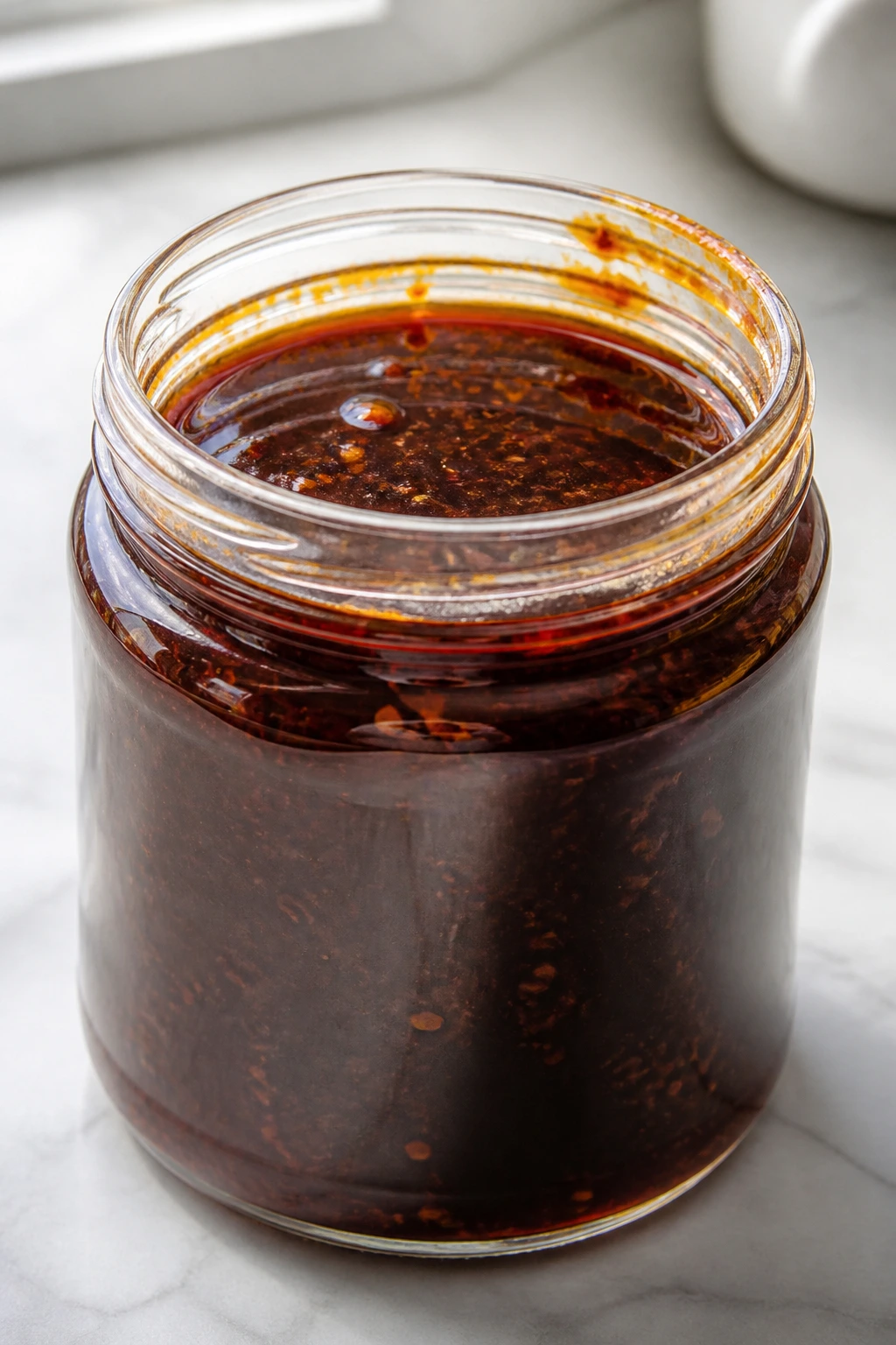 Glass jar of glossy glaze on a kitchen counter