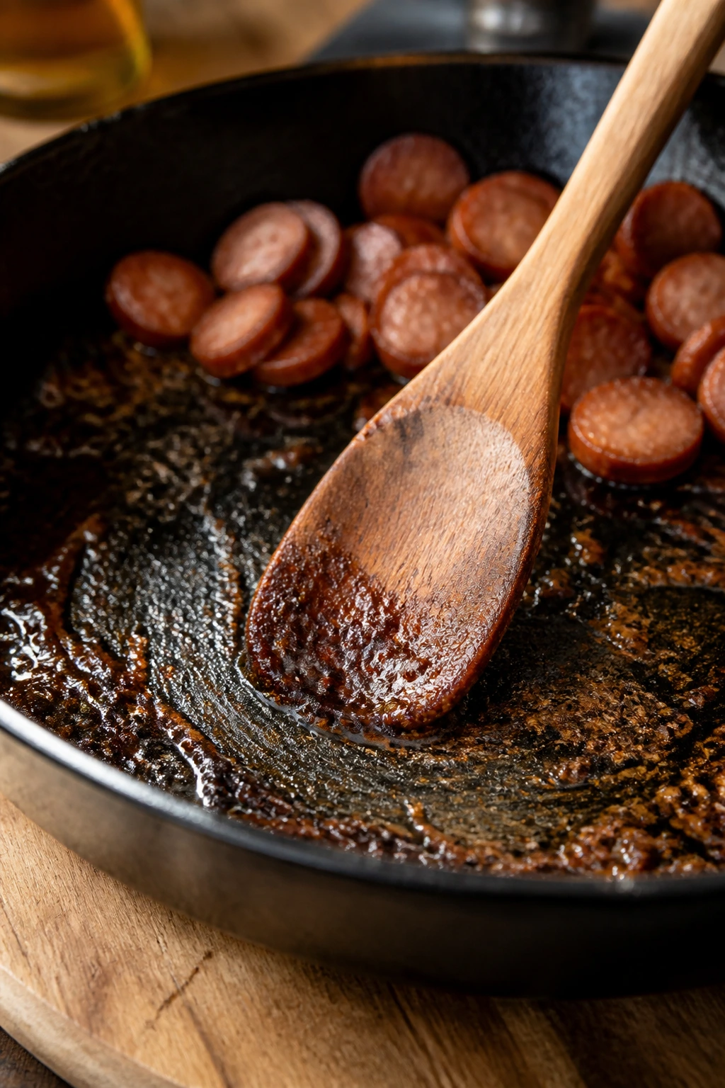 Wooden spoon scraping glaze from skillet