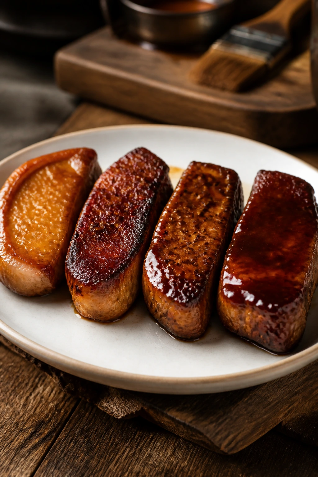 Plate with four pork slices each with a unique glaze finish