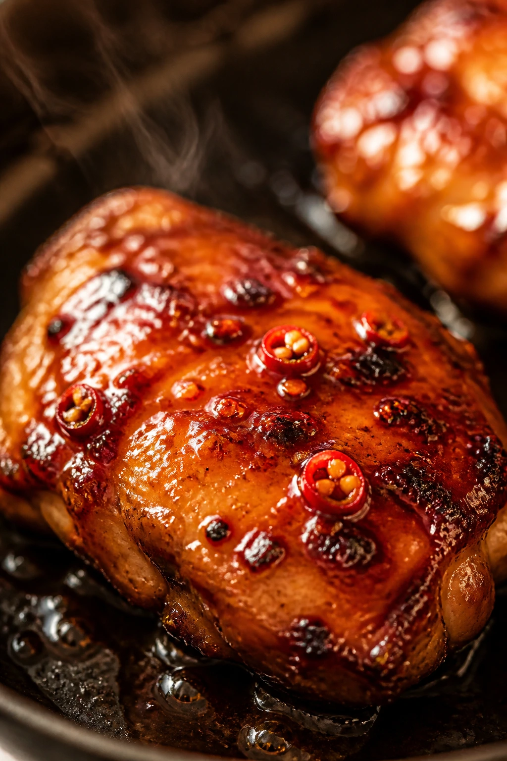 Glazed chicken thigh with spicy chili variation