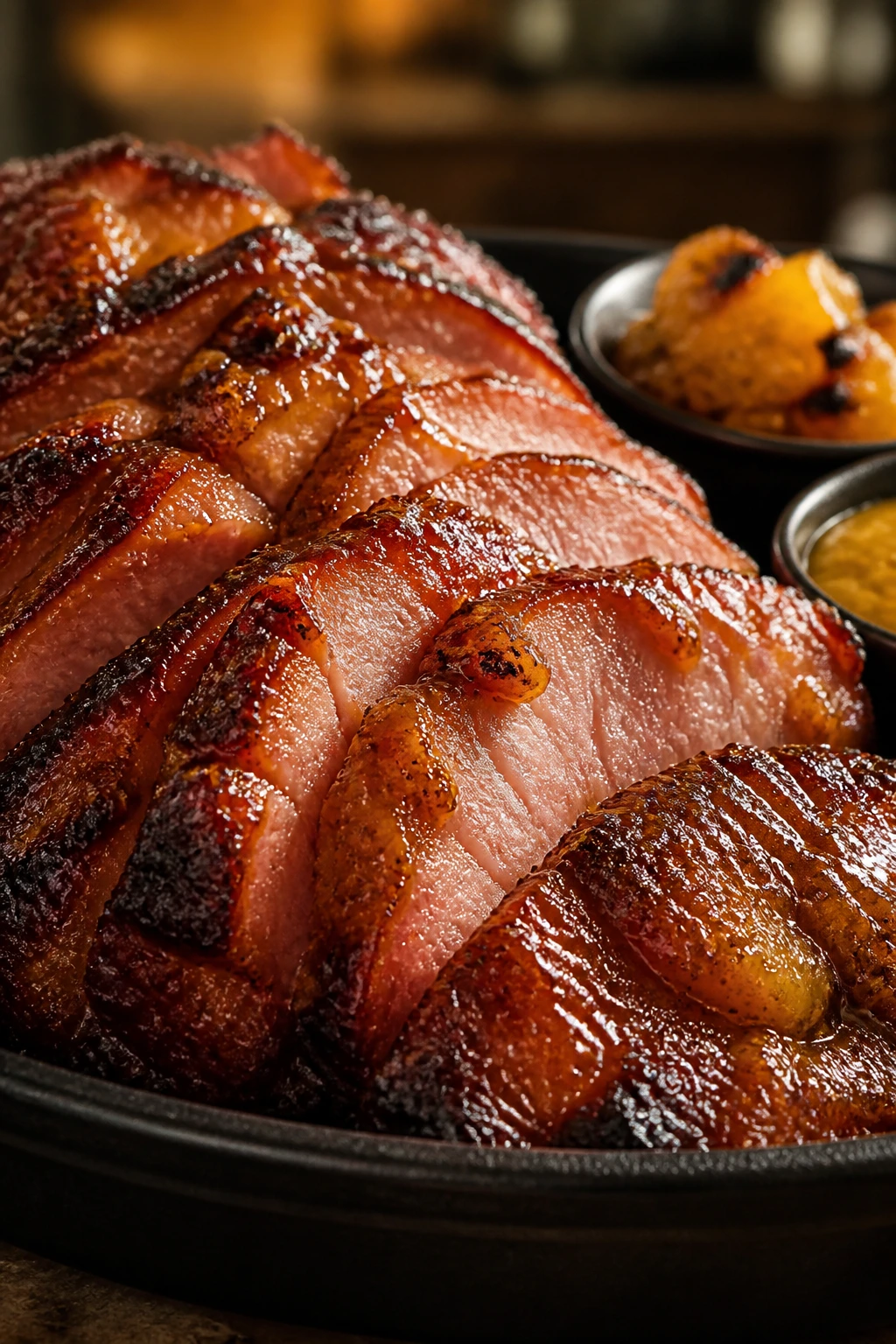 Ham with glaze showing color variation on surface
