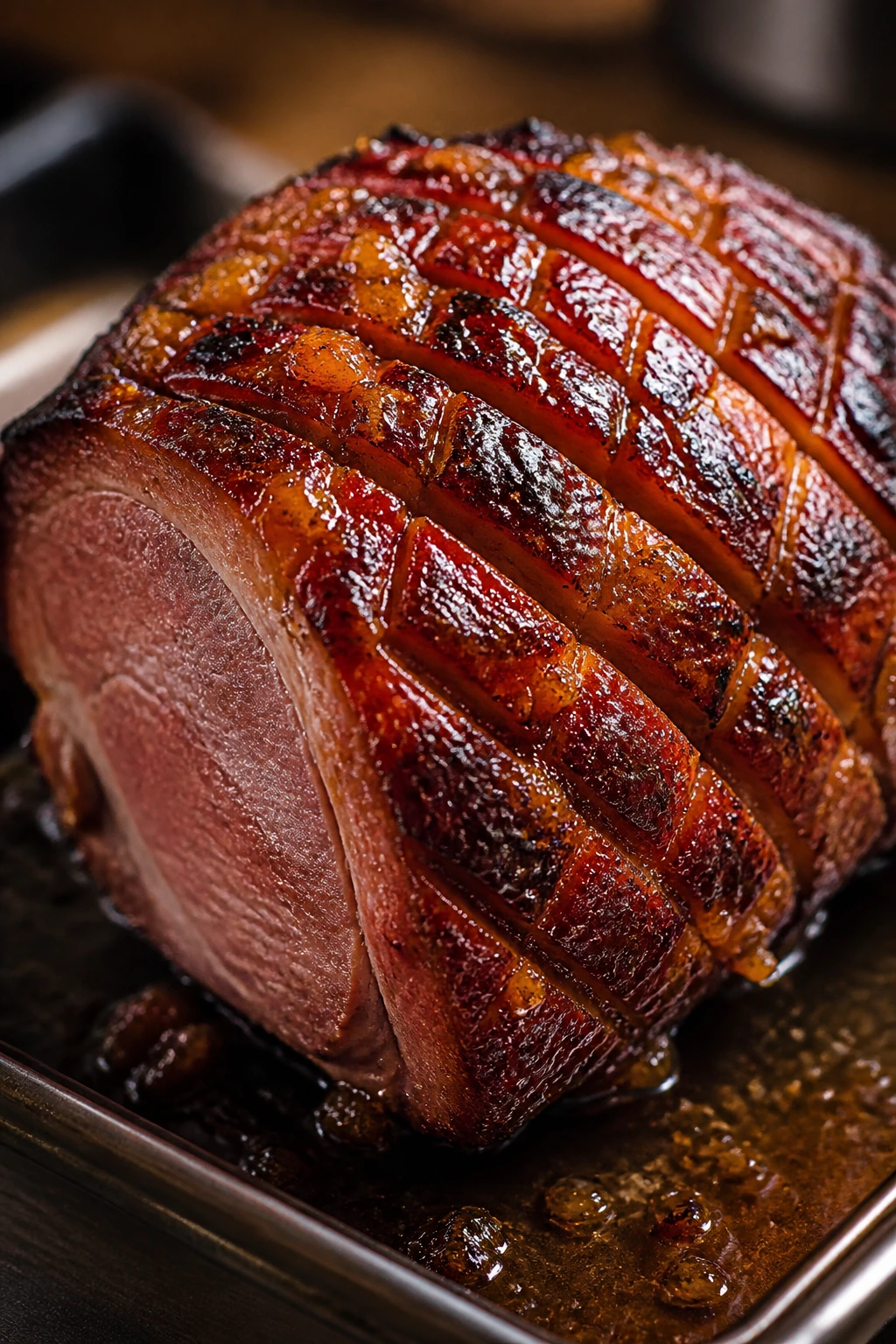 Ham with varied glaze tones under warm light