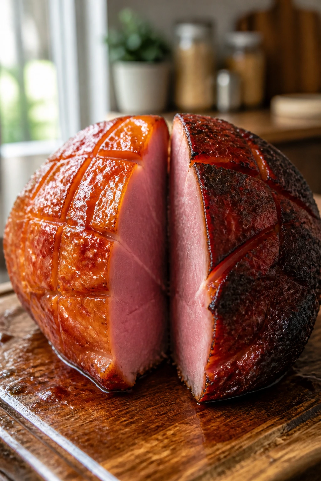 Ham half showing two glaze variations on each half