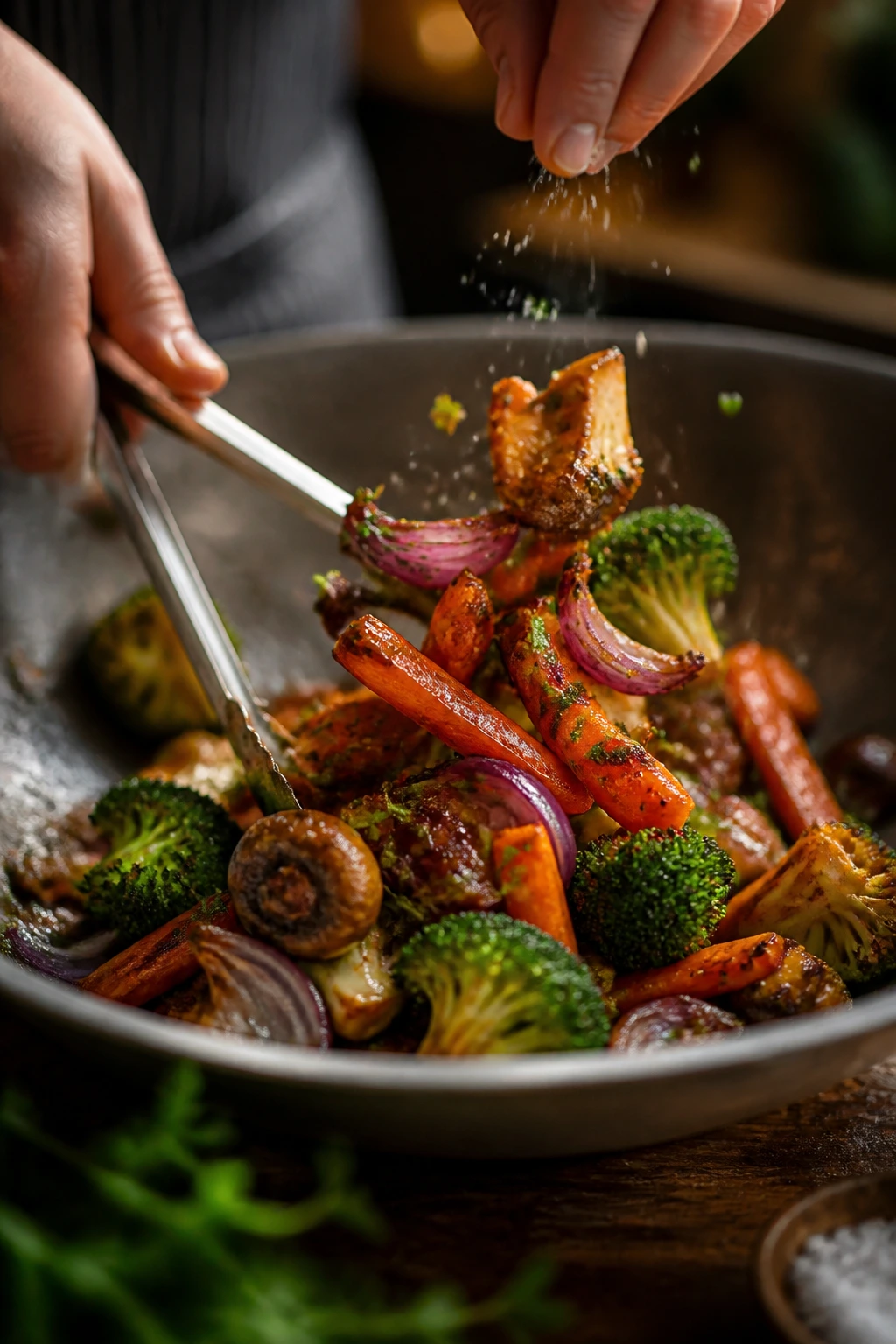 Glossy glaze on roasted vegetables in a bowl