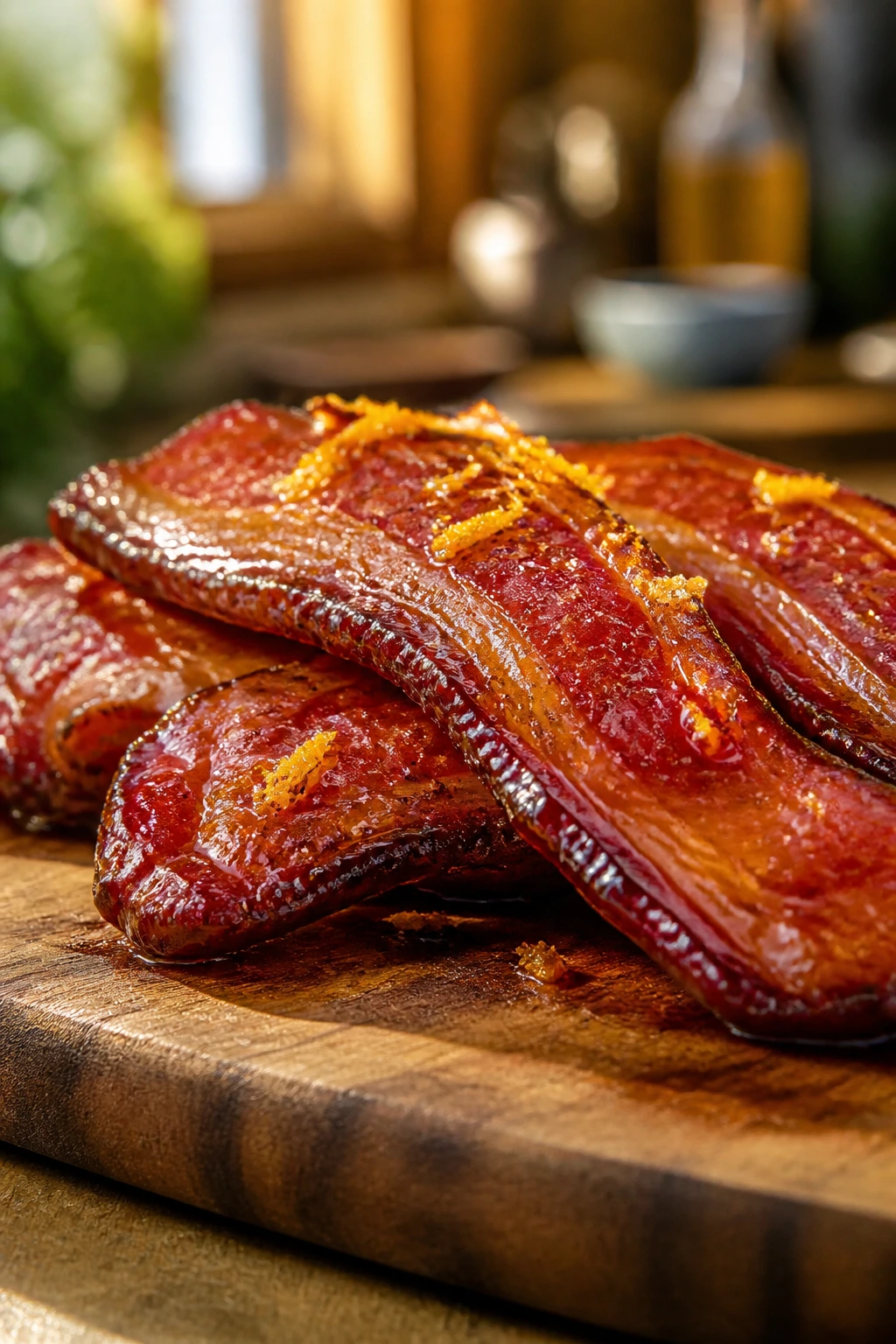 Close-up of glossy glazed bacon with orange zest on a wooden board