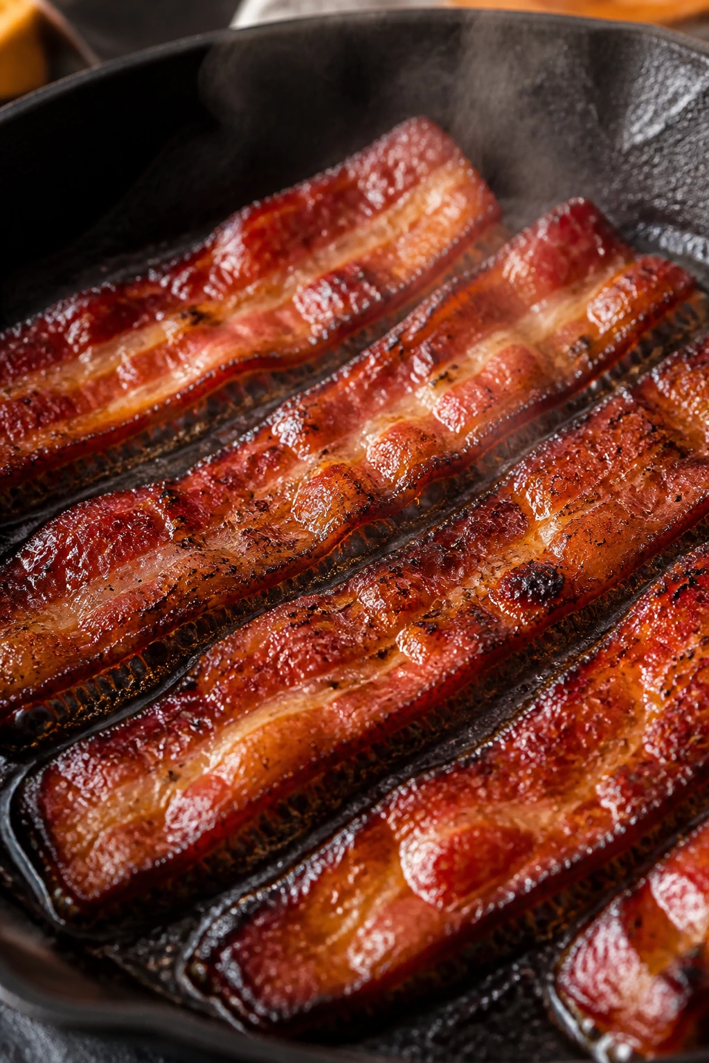 Close-up of glossy glazed bacon strips in a pan