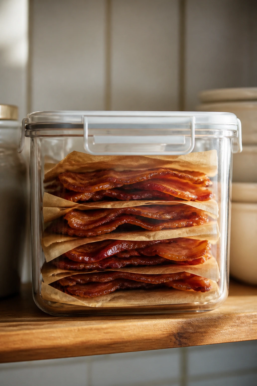 Airtight container with parchment-wrapped glazed bacon slices for storage