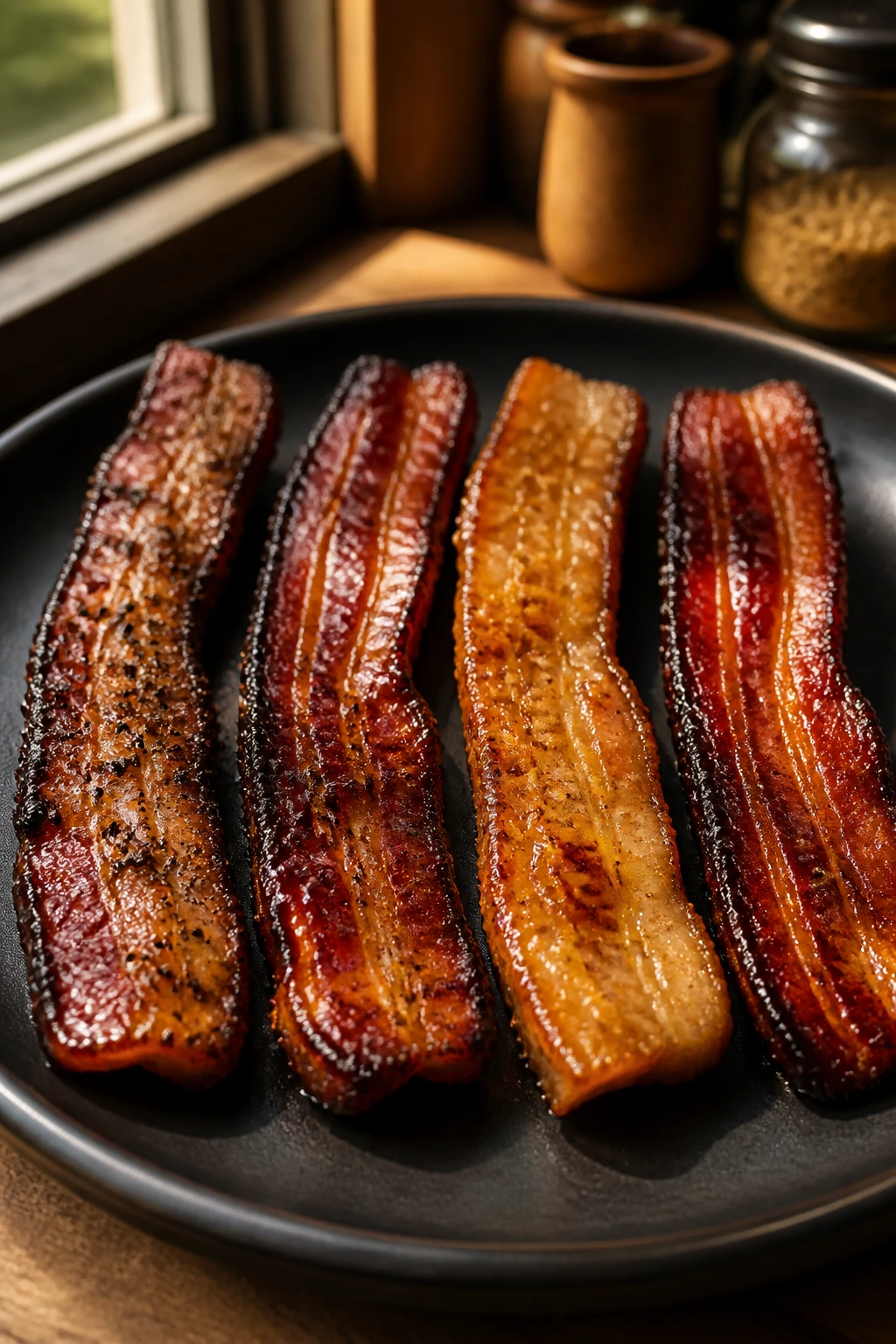 Plate of four glazed bacon strips with different glazes showing heat and smoke variations