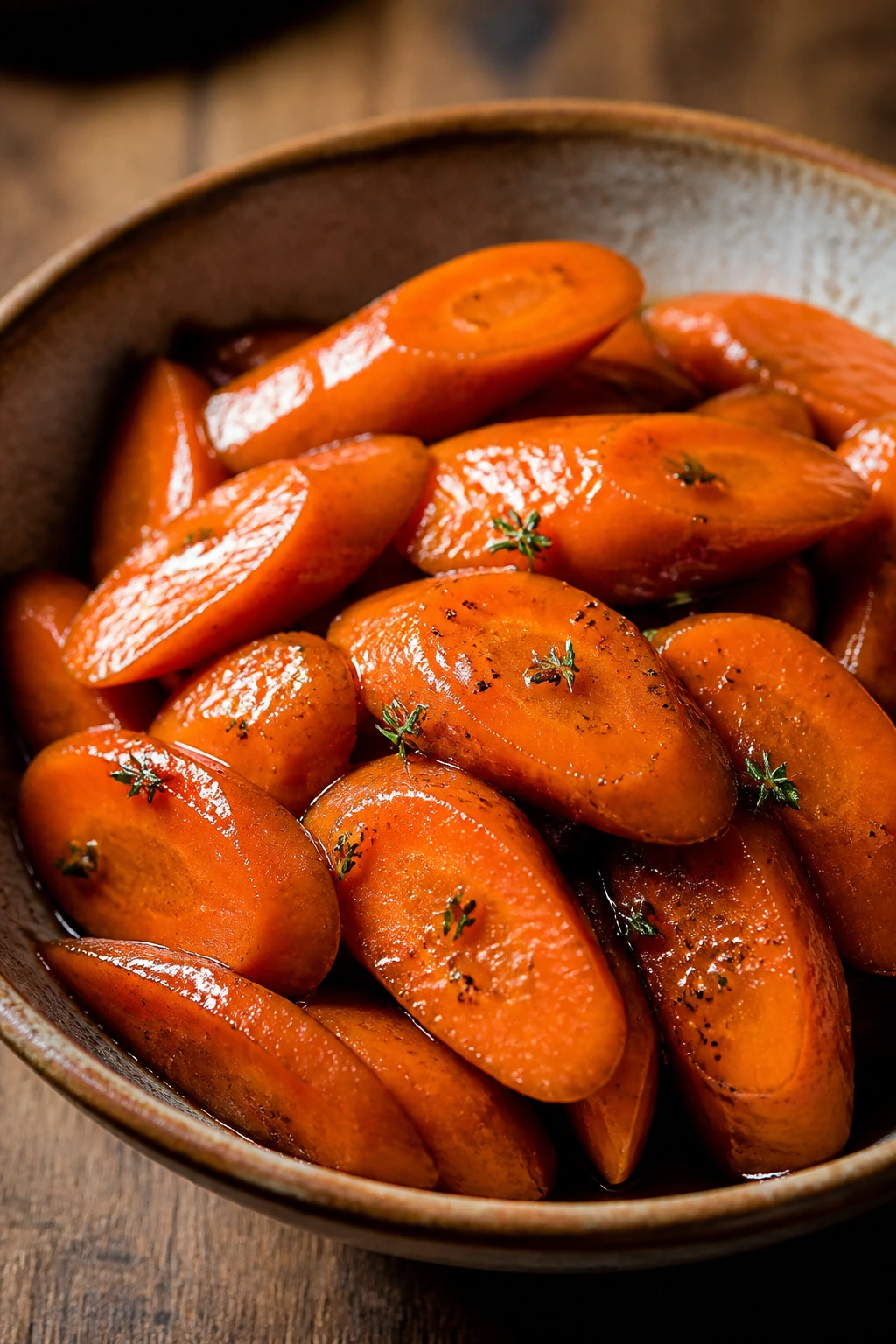 Glossy glazed carrots in rustic dish with maple glaze