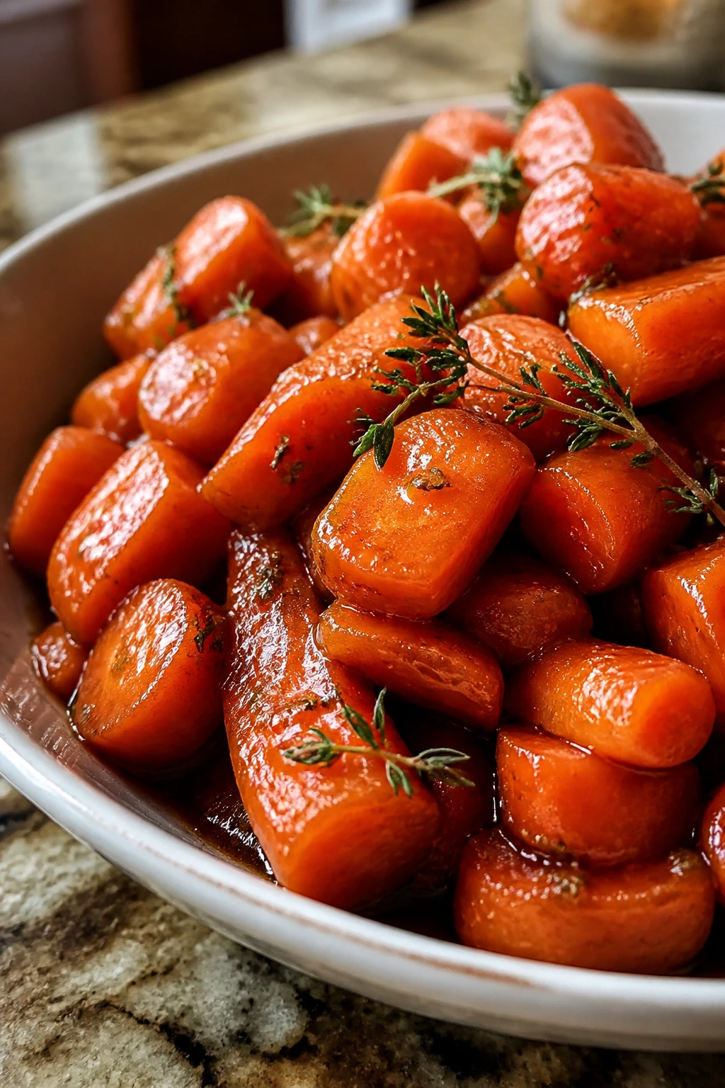 Glossy glazed carrots with thyme in a small dish