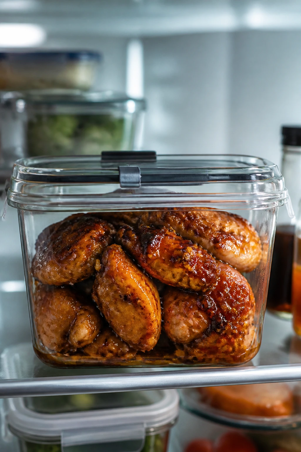 Close-up of glazed chicken in a glass storage container inside a fridge
