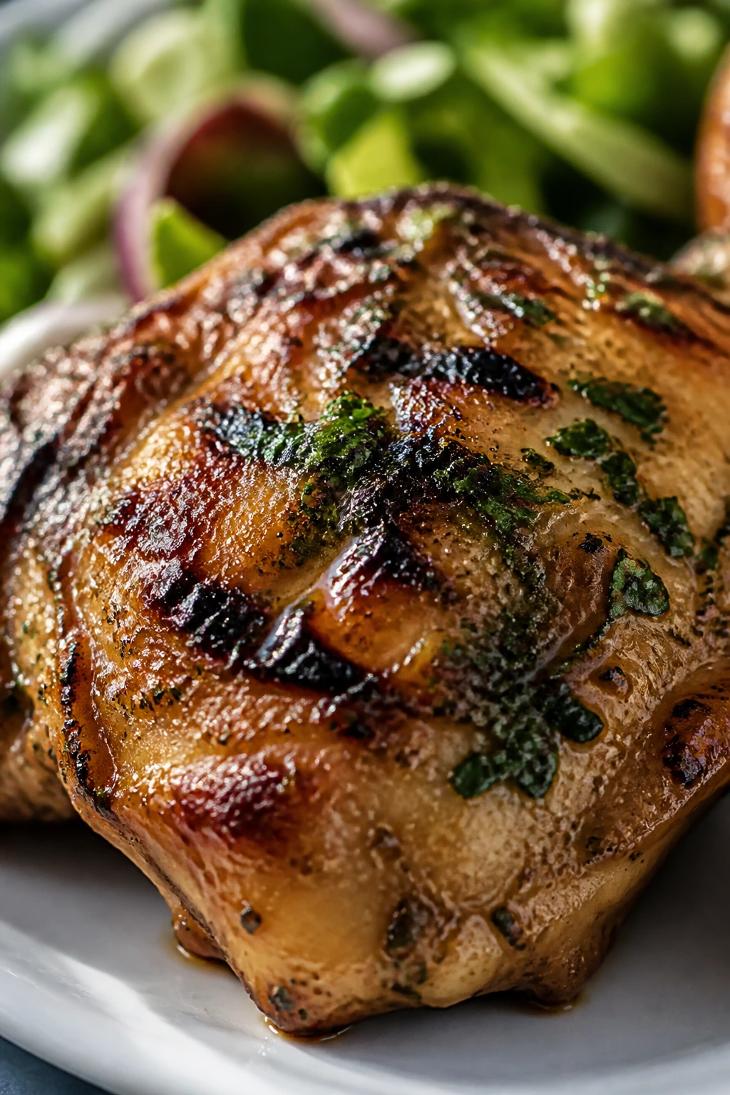 Glossy glazed chicken thigh on a picnic setting