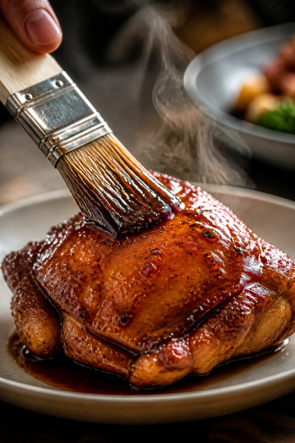 Close-up of glazed chicken thigh being brushed with glaze on a plate
