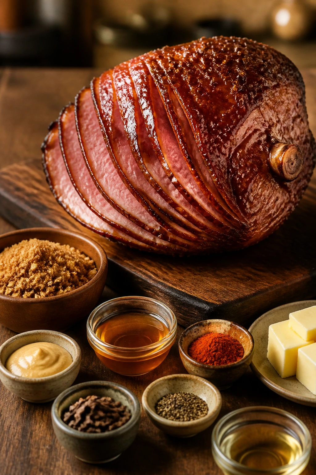 Bone-in ham with smoky glaze on wooden board in warm kitchen