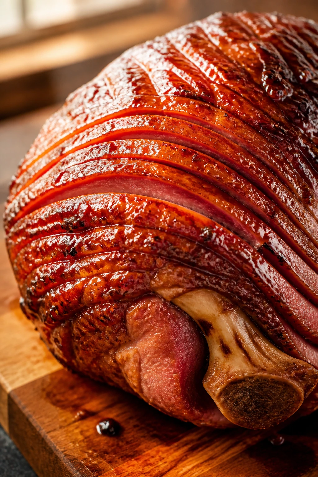 Close up of glossy brown sugar glaze on spiral ham in a warm kitchen