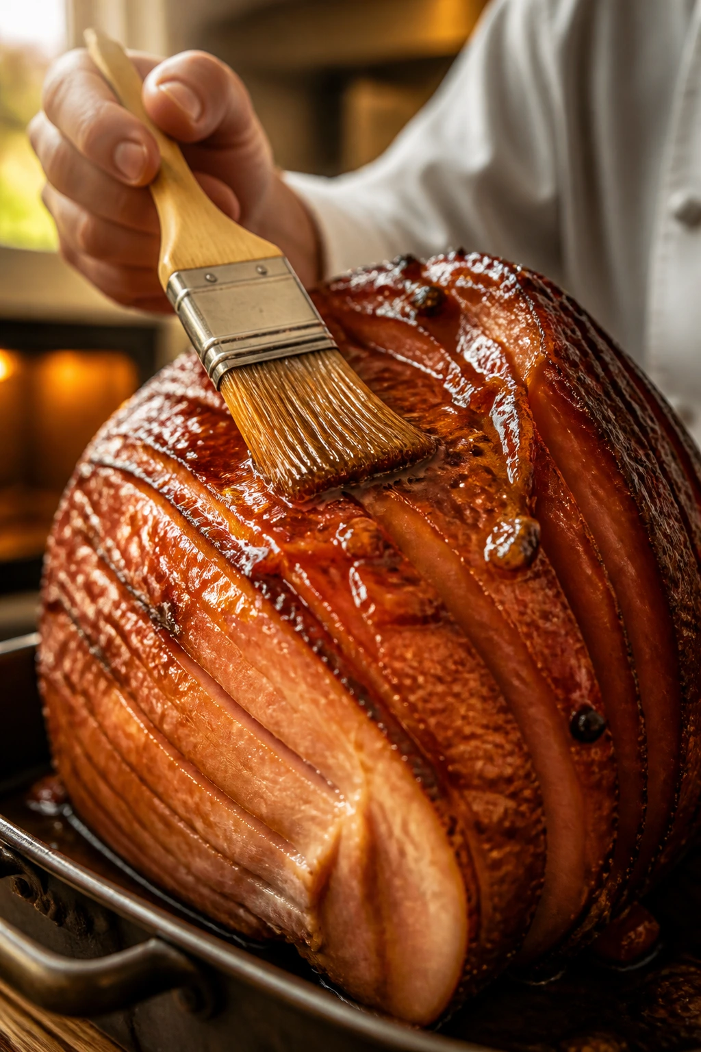 Close-up of glazed ham surface being brushed with amber glaze in a warm kitchen