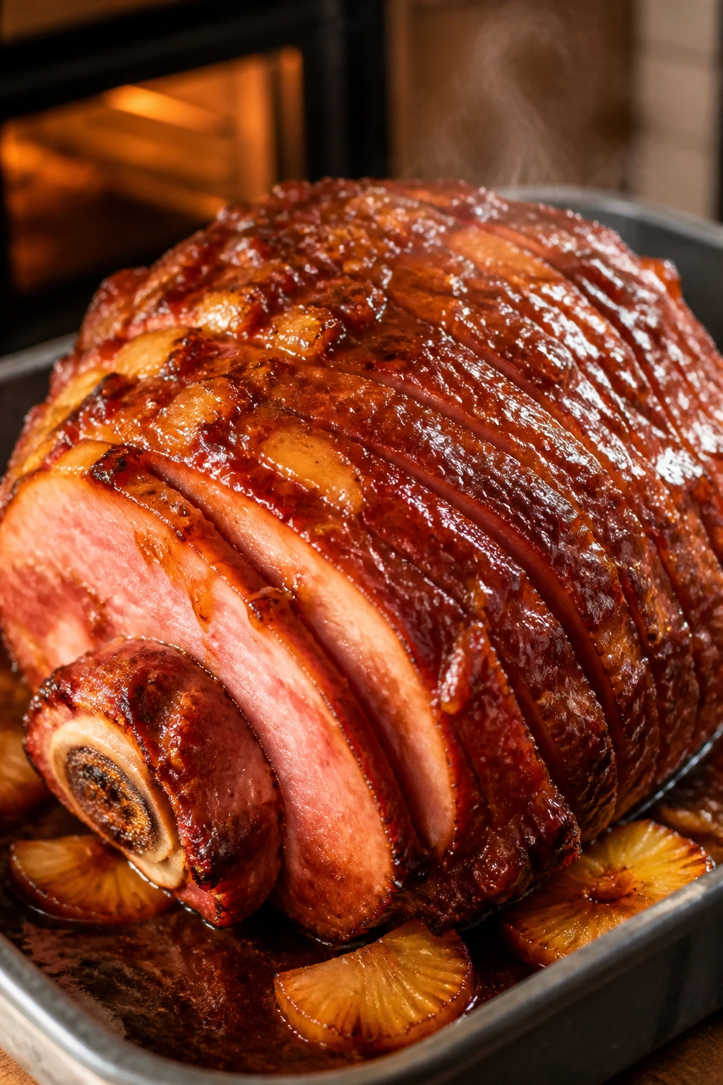 Close-up of glazed ham with amber glaze in warm kitchen
