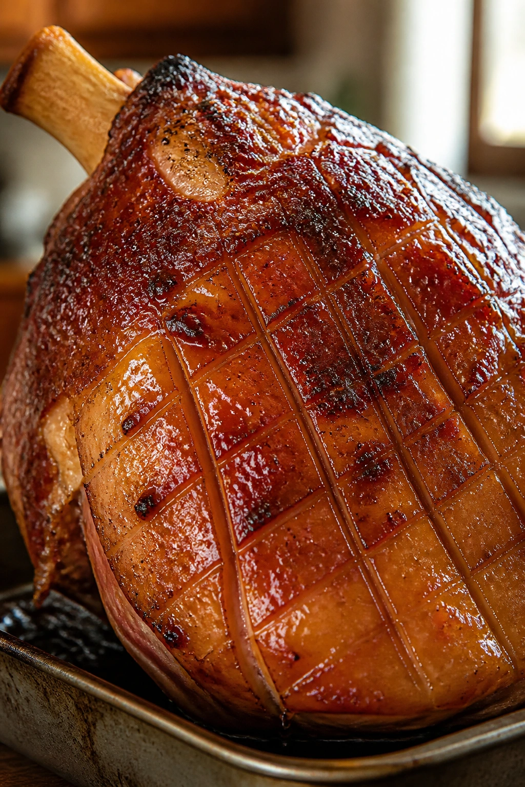 Close-up of glossy glazed ham in a roasting pan with bacon fat