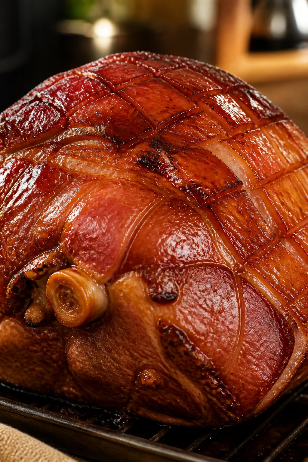 Glossy glaze on bone-in ham surface