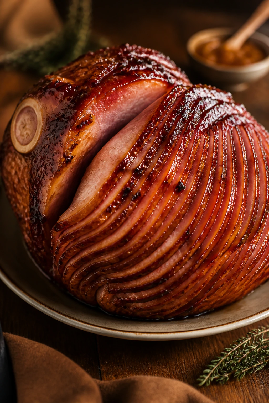 Close-up of a glossy glazed bone-in spiral-cut ham on a wooden table