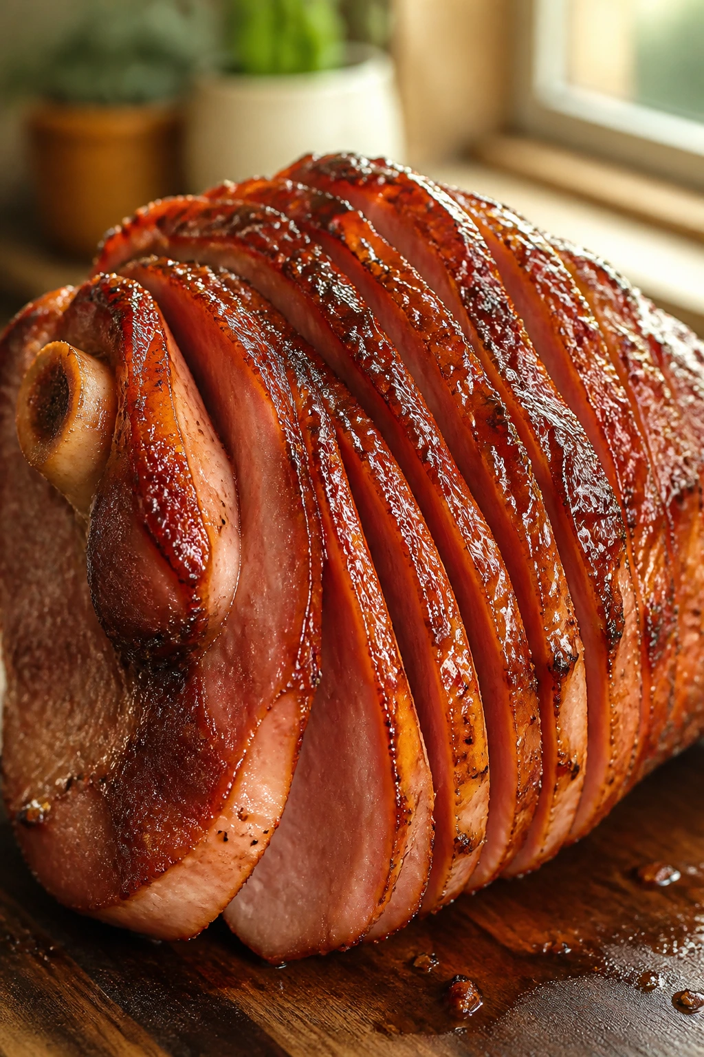 Close-up of glossy glazed ham on a wooden cutting board in a warm kitchen
