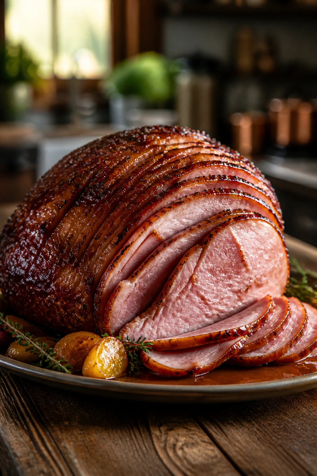 Close-up of bourbon-glazed ham centerpiece on a rustic table